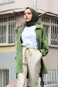 Modalamelif Önü Tahta Düğmeli Büyük Cep Ceket Haki