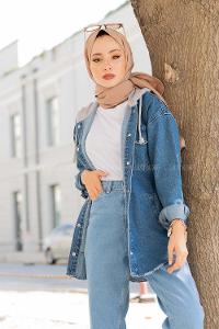 Modalamelif Penye Kapşonlu Kot Ceket Mavi