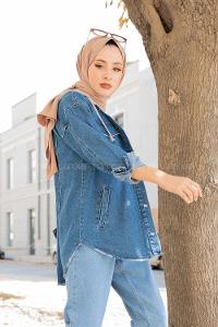 Modalamelif Penye Kapşonlu Kot Ceket Mavi