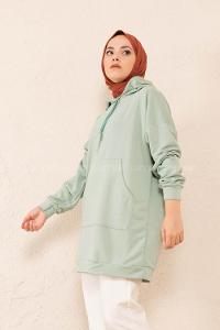 Modalamelif Kanguru Cep Kapşonlu Tunik Çağla Yeşili