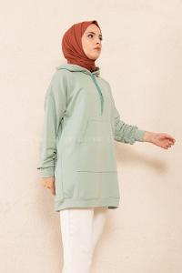 Modalamelif Kanguru Cep Kapşonlu Tunik Çağla Yeşili