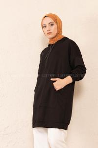 Modalamelif Kanguru Cep Kapşonlu Tunik Siyah