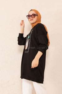 Modalamelif Önü Baskılı Tunik Siyah