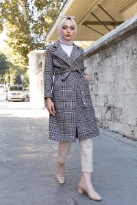 Modalamelif Belden Bağlamalı Ekose Kaban Gri