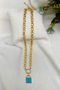Modalamelif Altın Zincir Mavi Kilit Kolye