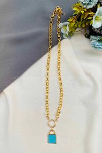 Modalamelif Altın Zincir Mavi Kilit Kolye