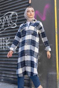 Modalamelif Çift Cepli Ekose Oduncu Uzun Gömlek Lacivert