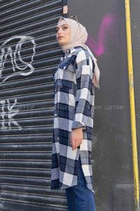 Modalamelif Çift Cepli Ekose Oduncu Uzun Gömlek Lacivert