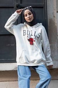 Modalamelif Kapşonlu Bulls Yazılı Sweatshirt Beyaz