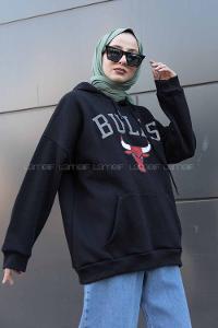 Modalamelif Kapşonlu Bulls Yazılı Sweatshirt Siyah