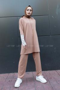 Modalamelif Kol Çizgili İkili Takım Sütlü Kahve