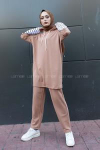 Modalamelif Kol Çizgili İkili Takım Sütlü Kahve