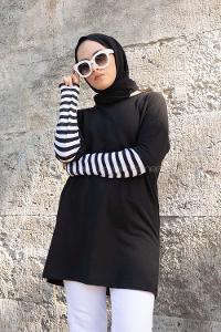 Modalamelif Kol Çizgili Sweatshirt Siyah