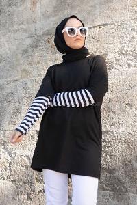 Modalamelif Kol Çizgili Sweatshirt Siyah