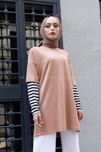 Modalamelif Kol Çizgili Sweatshirt Sütlü Kahve