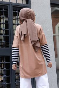 Modalamelif Kol Çizgili Sweatshirt Sütlü Kahve