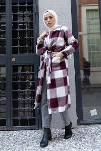 Modalamelif Körük Cepli Ekose Trenç Bordo