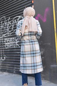 Modalamelif Körük Cepli Ekose Trenç Turkuaz