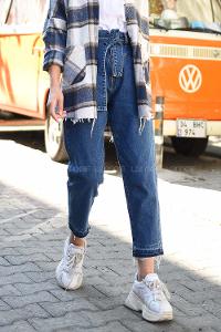 Modalamelif Kuşaklı Kot Pantolon Mavi