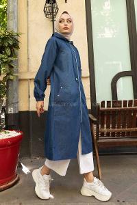 Modalamelif Önü Fermuarlı Kapşonlu Kot Kap Koyu Mavi