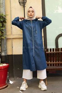 Modalamelif Önü Fermuarlı Kapşonlu Kot Kap Koyu Mavi