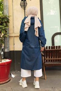 Modalamelif Önü Fermuarlı Kapşonlu Kot Kap Koyu Mavi