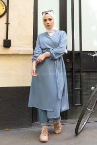 Modalamelif Yan Belden Bağlamalı Trenç Açık Mavi