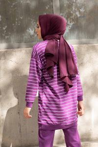 Modalamelif Bisiklet Yaka Çizgili İkili Takım Mor