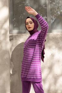 Modalamelif Bisiklet Yaka Çizgili İkili Takım Mor