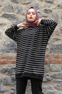 Modalamelif Bisiklet Yaka Çizgili İkili Takım Siyah