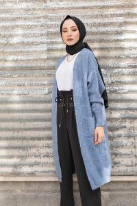 Modalamelif Çift Cepli Uzun Hırka İndigo