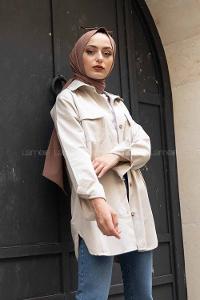 Modalamelif Kapak Cepli Oversize Gömlek Taş