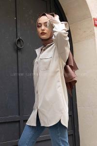 Modalamelif Kapak Cepli Oversize Gömlek Taş