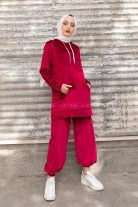 Modalamelif Kapşonlu Kadife İkili Takım Bordo