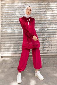 Modalamelif Kapşonlu Kadife İkili Takım Bordo