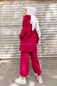 Modalamelif Kapşonlu Kadife İkili Takım Bordo
