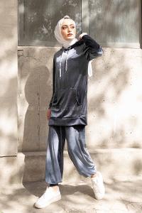 Modalamelif Kapşonlu Kadife İkili Takım Gri