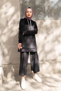 Modalamelif Kapşonlu Kadife İkili Takım Siyah