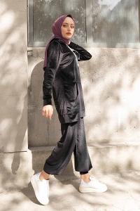 Modalamelif Kapşonlu Kadife İkili Takım Siyah