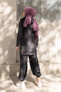 Modalamelif Kapşonlu Kadife İkili Takım Siyah