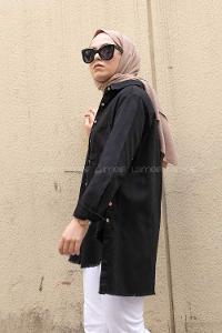 Modalamelif Önü Gizli Düğmeli Etek Ucu Püsküllü Ceket Siyah