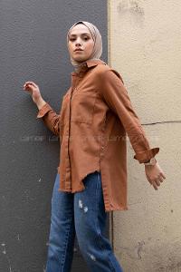 Modalamelif Önü Gizli Düğmeli Etek Ucu Püsküllü Ceket Taba