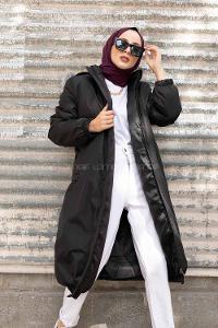 Modalamelif Önü Gizli Fermuarlı Kapşonlu Mont Siyah