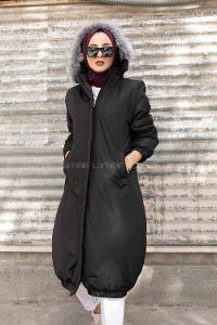 Modalamelif Önü Gizli Fermuarlı Kapşonlu Mont Siyah