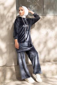 Modalamelif So Chic Baskılı Kadife İkili Takım Gri