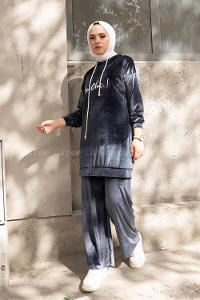 Modalamelif So Chic Baskılı Kadife İkili Takım Gri