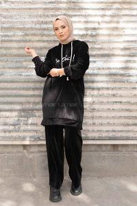 Modalamelif So Chic Baskılı Kadife İkili Takım Siyah