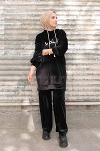 Modalamelif So Chic Baskılı Kadife İkili Takım Siyah