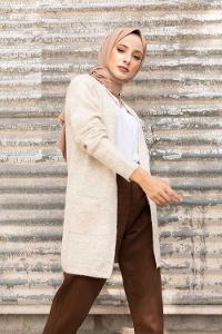 Modalamelif Çift Cepli Ara Boy Triko Hırka Taş