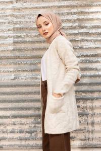 Modalamelif Çift Cepli Ara Boy Triko Hırka Taş